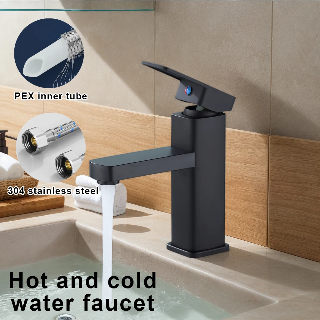 

Квадратный черный смеситель для раковины с подачей горячей и холодной воды