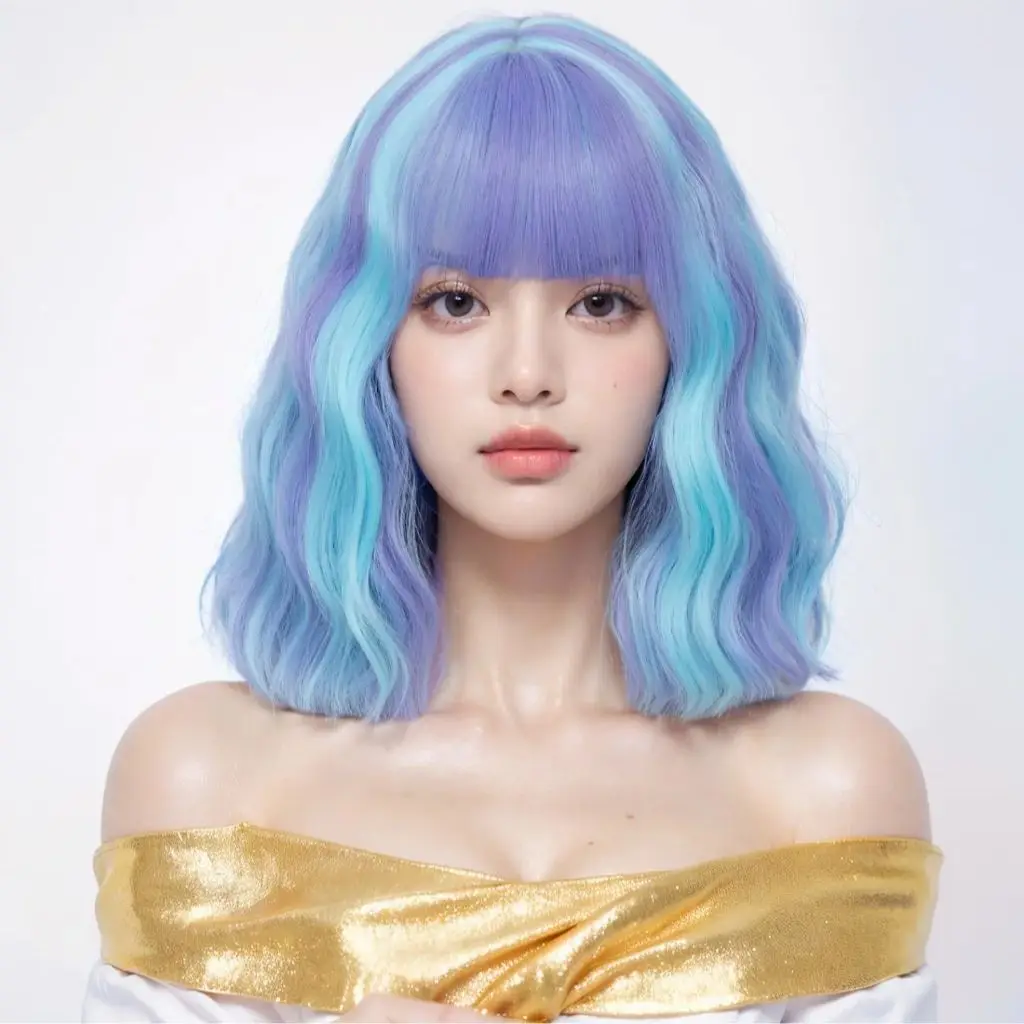 

Женский парик Ombre Bob, синие короткие синтетические парики для косплея, глубокая волна, мелированные волосы для вечеринки для девочек