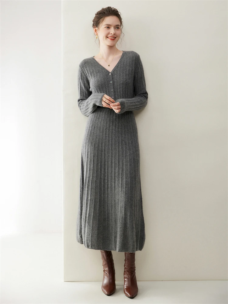 

Women's Cashmere Sweater Dress Half-open button V-Neck Pullover Long Dress Autumn Winter 100% Cashmere Knitwear Slim Soft Skirt