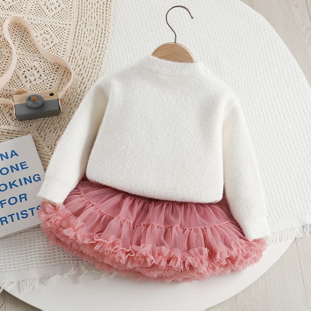 5464 Girls' Sweater Suit 2026 New Autumn And Winter Butterfly Beading Sweater+Mesh Skirt Princess Two Piece Suit 3