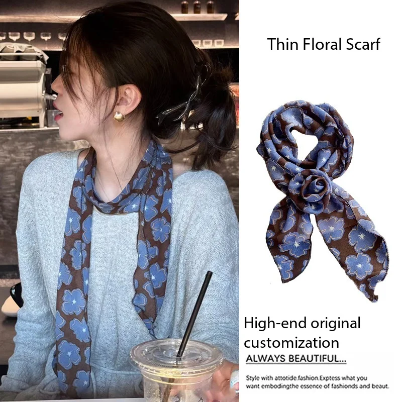 

Korean Thin Floral Long Scarf For Women's Neck A High-End Feel New Summer Outfit Ribbon Neck Accessories Dress Accessories