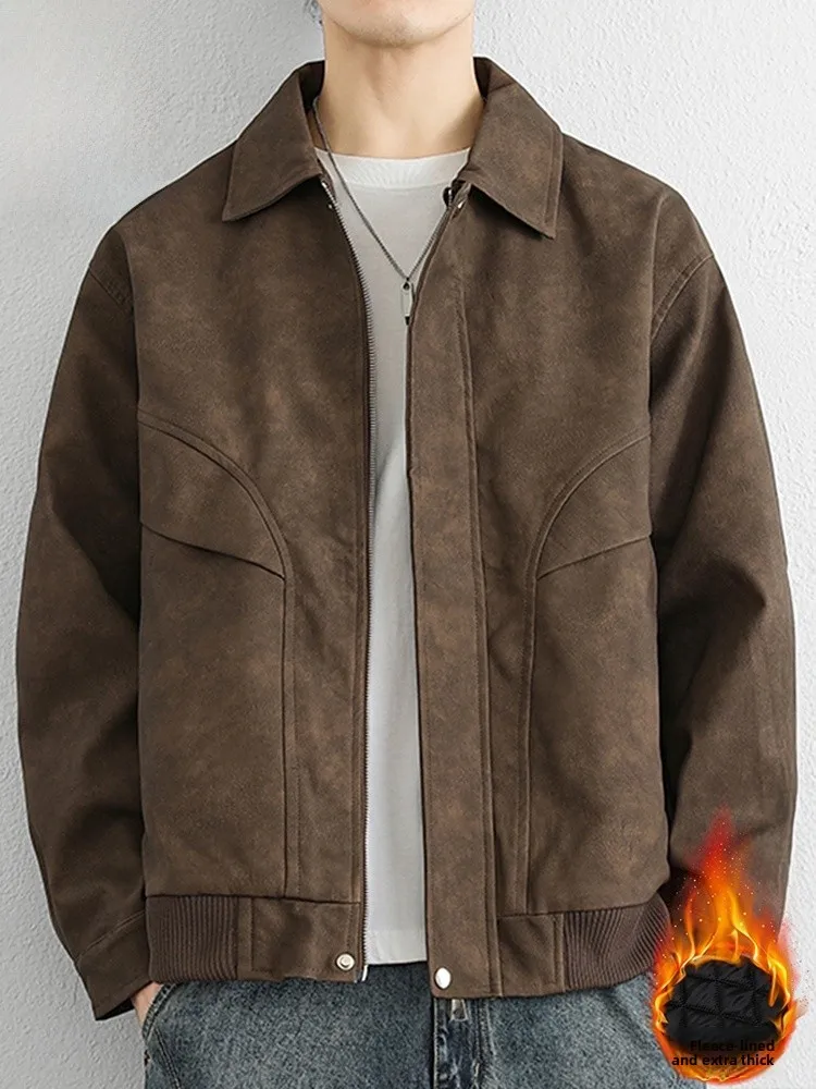 

Men's Leather Jaet Thiened Cotton Winter Coat American Sle Zipper Closure Long Sve Youth Casual Faion