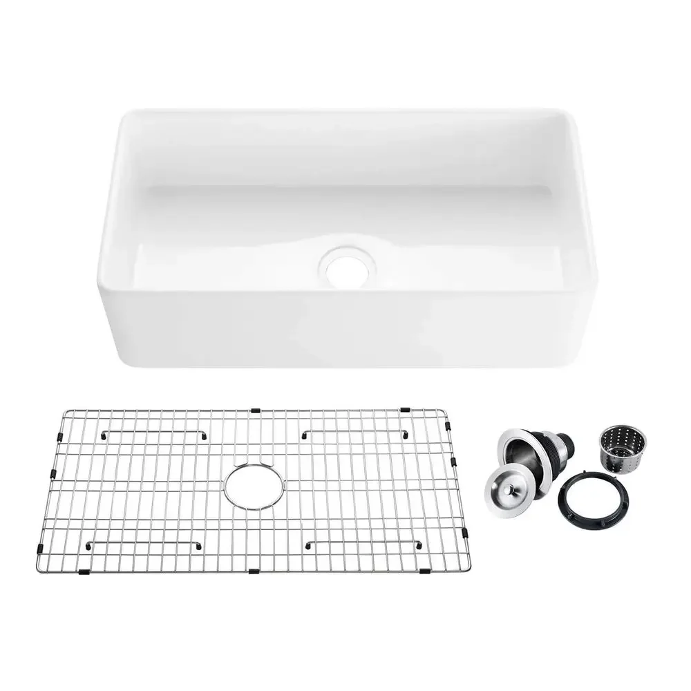 Fregadero de cocina K2SF36 de 36 pulgadas, de un solo tazón, de arcilla refractaria, estilo granja, con frente de delantal, vidrio termorresistente, con rejilla inferior y colador, duradero