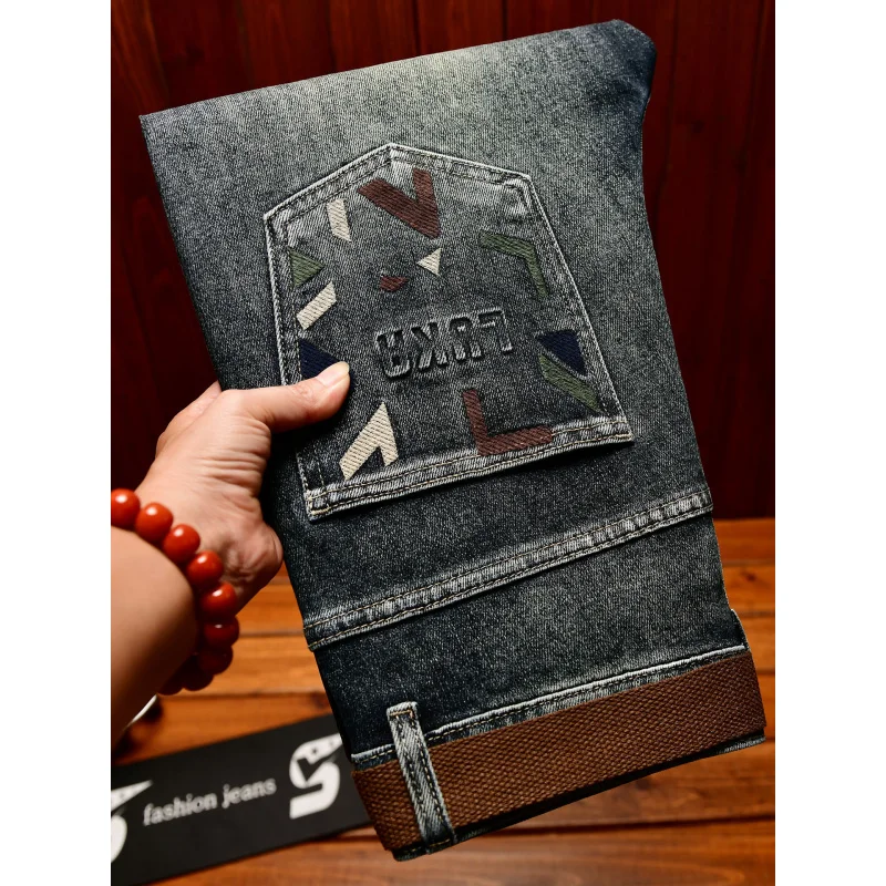 

Модные джинсы с вышитым принтом и задним карманом, мужские осенние облегающие джинсы из эластичного денима, элитные повседневные джинсовые брюки