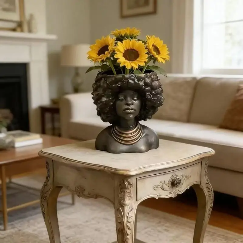 Artistic Resin Flower Pot With Detailed Head Sculpture For Home And Office 