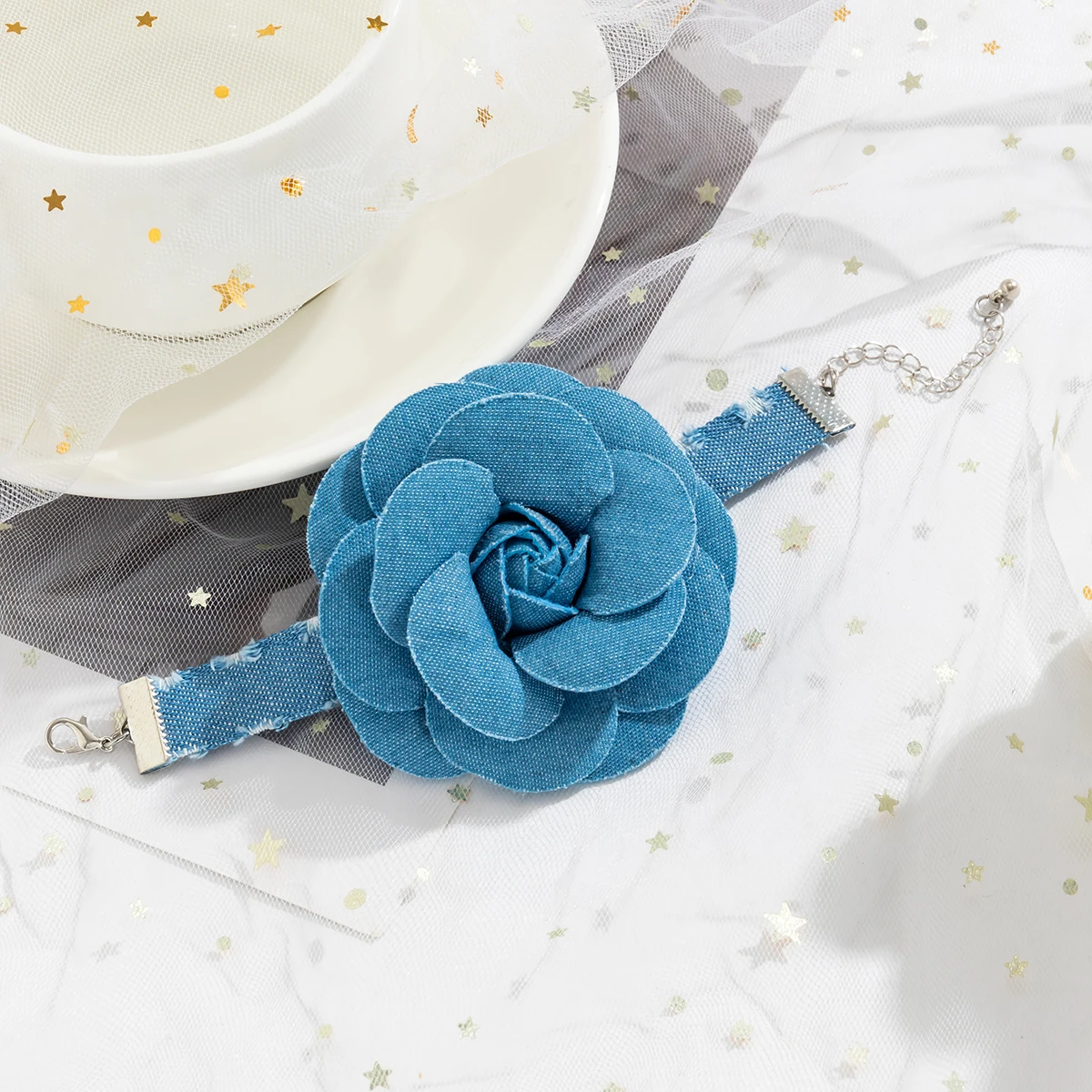 Elegant Blue Denim with Big Flower Bracelet for Women Trendy Making Old Cowboy Hand Chains 2023 Fashion Jewelry Accessories Gift image 3