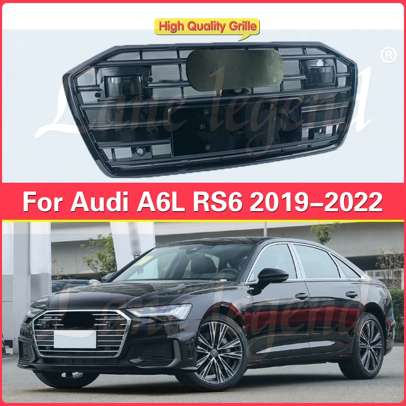 Front Bumper Grille Centre Panel Styling Upper Black Grill (For S6 Style) For Audi A6/S6 2019 2021 2022 With ACC Medium net