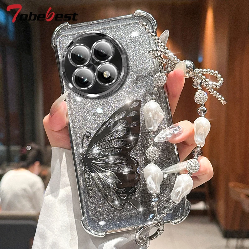 Laser Butterfly Shockproof Plating Glitter Bracelet Case For Oneplus 13 13T 12 11 11R ACE 5 3 2 Pro Silicone Cover