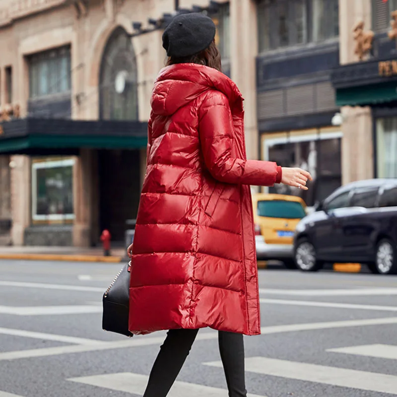 Chaqueta de plumón de pato blanco con capucha gruesa coreana para mujer, abrigo cálido hasta la rodilla, medio largo, moda de otoño e invierno