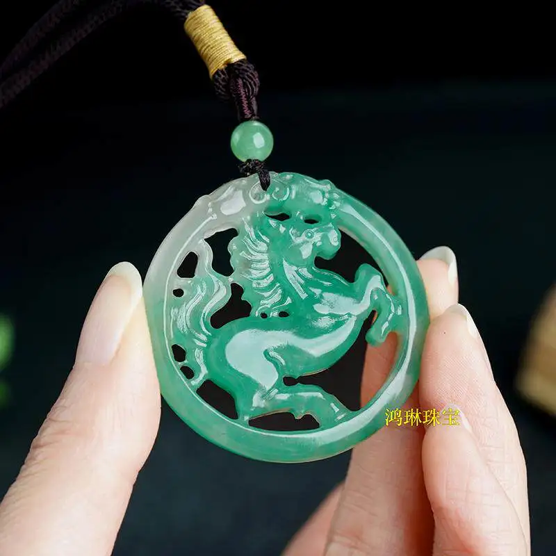 Natural ice Dulong jade horse success pendant African alexandrite brand men's and women's jade hollow jade pendant