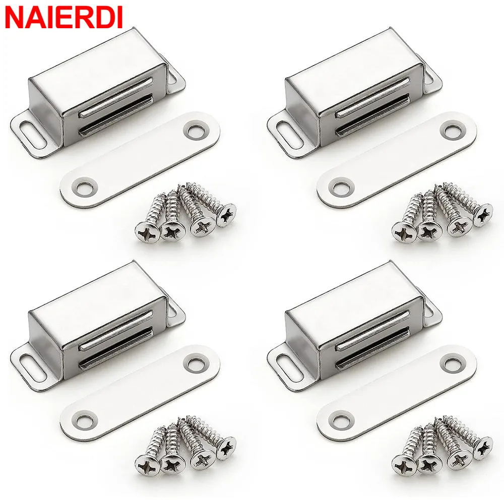 NAIERDI 4/6/8 Pack Magnetyczny zatrzask do drzwi ze stali nierdzewnej Srebrne zatrzaski do szafek kuchennych Zatrzaski magnetyczne do drzwi Szafki zamknięcia