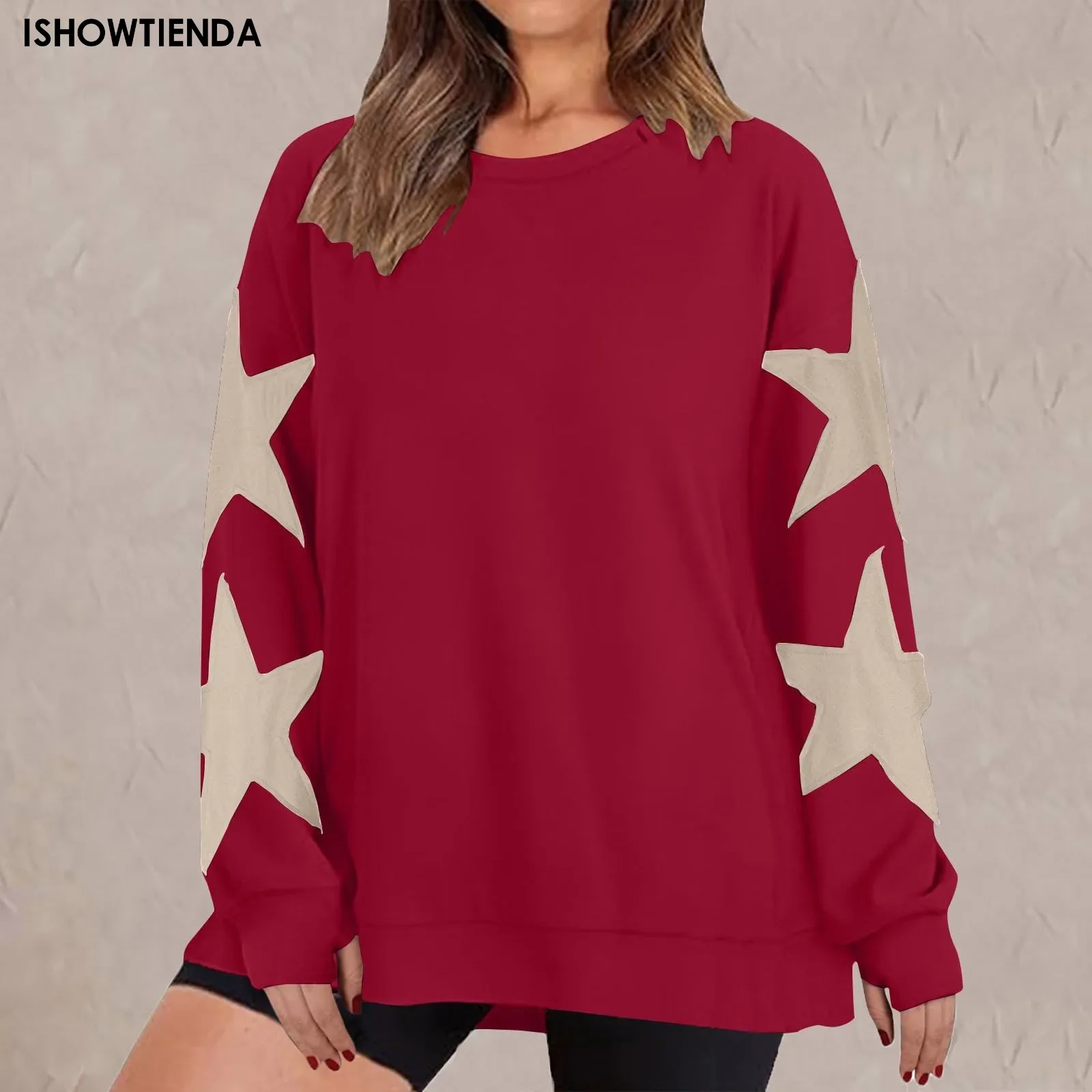 Sudadera holgada con estampado de estrellas para mujer, suéter de manga larga con cuello redondo, talla grande, Otoño e Invierno