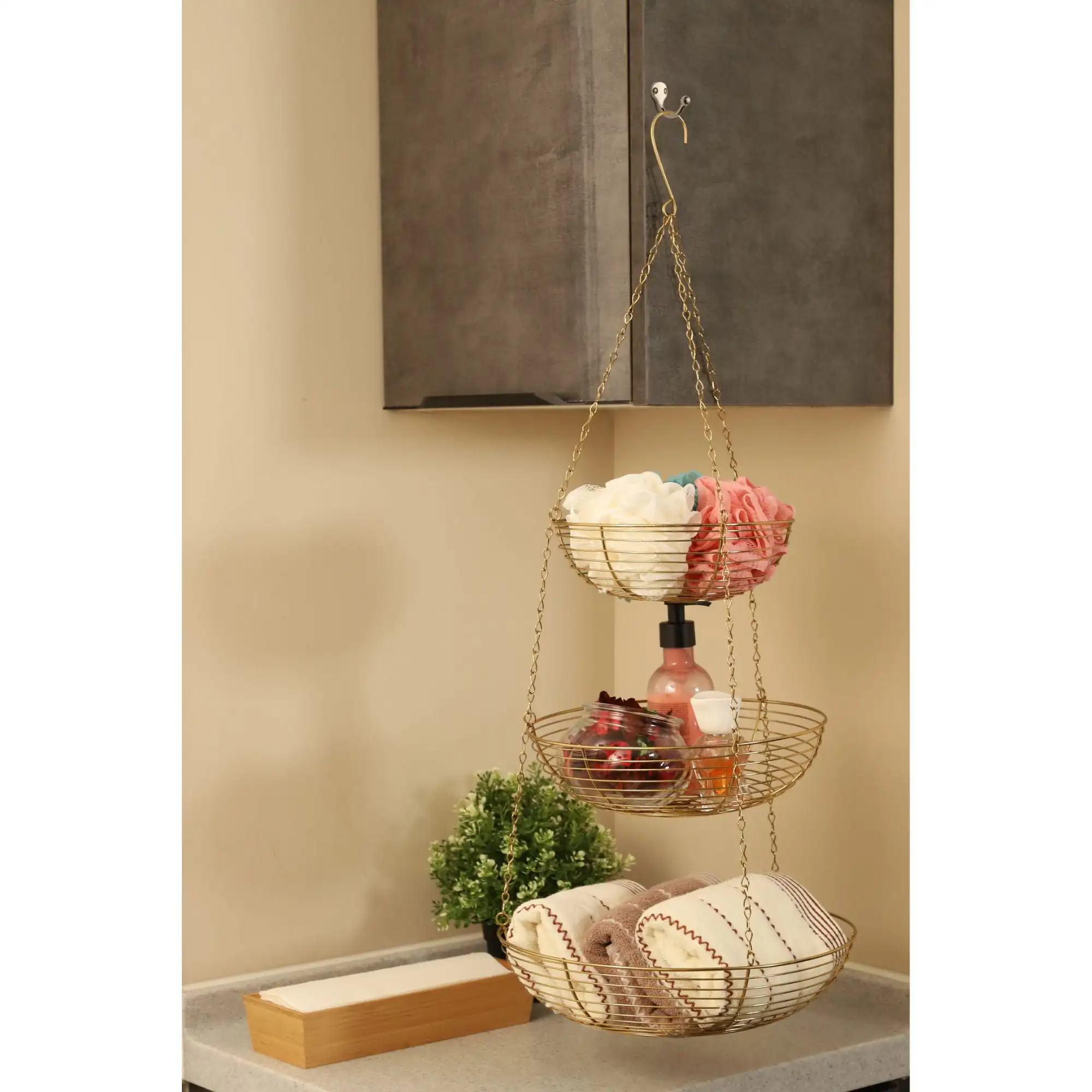 11.75 Gold Metallic 3-Tier Hanging Storage Basket