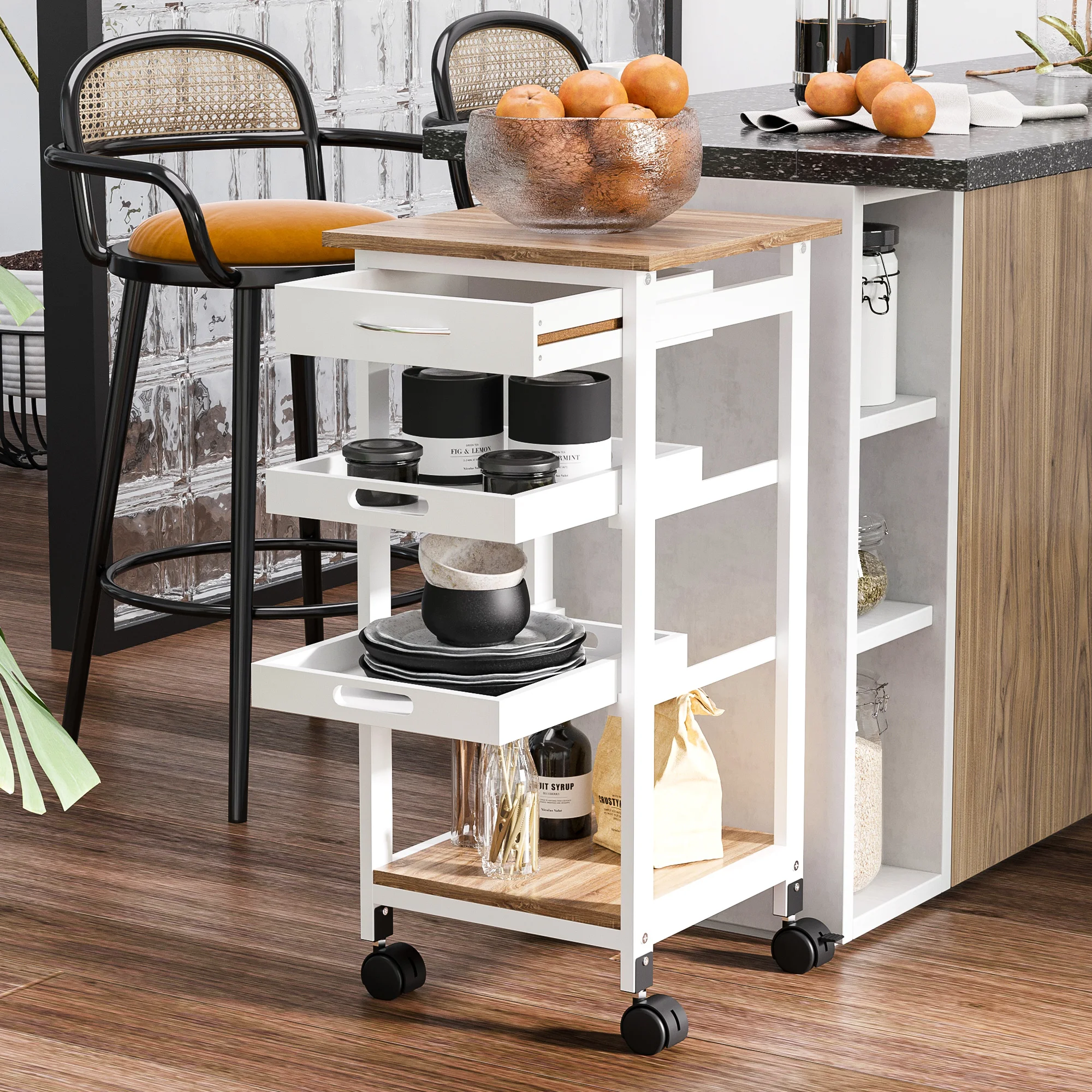 Carrello di servizio HOMCOM con ruote, 2 vassoi rimovibili, cassetto, ripiano in rovere chiaro, porta bicchieri bianco