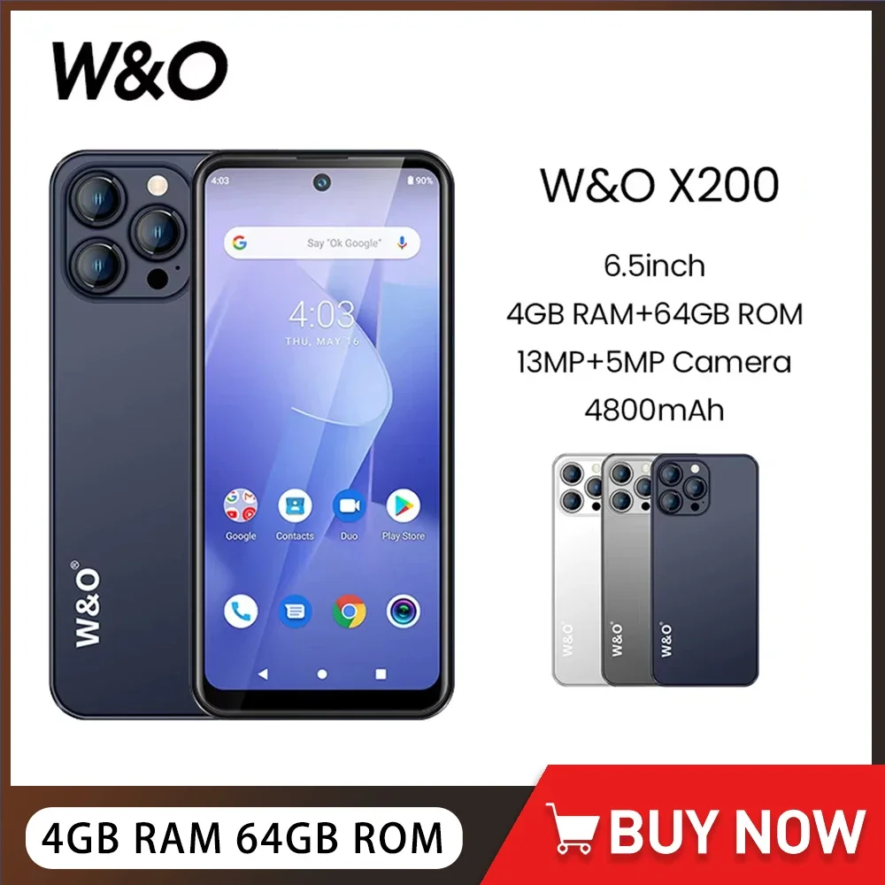 W&O X200 Ultra-thin 4G Smartphone Android 10 6.53 Inch HD+ Display 4GB RAM+64GB ROM Mobile phone 13MP 4800mAh Battery Dual SIM