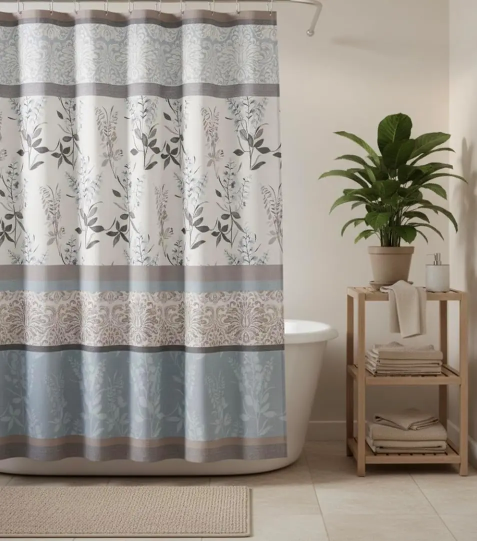 Vintage Botanical Stripe Shower Curtain, Blue Grey Floral Print with Neutral Tones, Waterproof Fabric Bathroom Curtain for Home