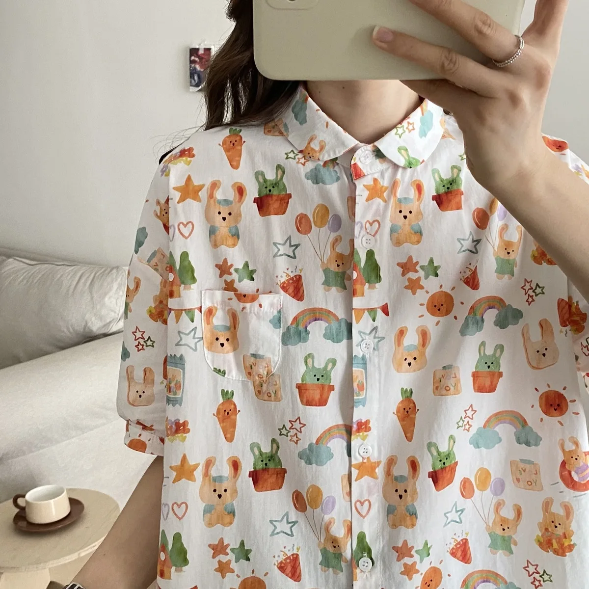 New Spring Cotton Shirt Women Short Sleeve Cartoon Printed Tops Girl Simple Fashion Casual Blouses 2024 Summer T45229QM