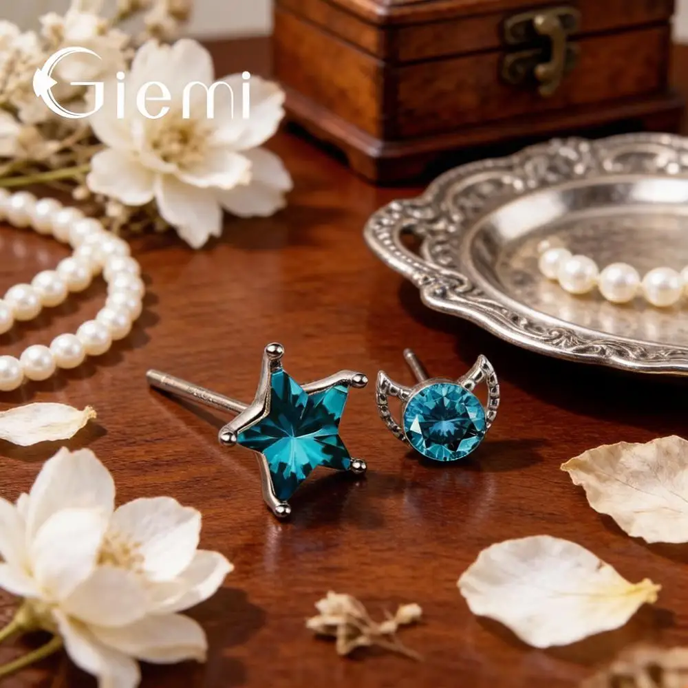Delicate 925 Sterling Silver Moon Star Crystal Zircon Stud Earrings for Women Girls Anniversary Party Jewelry Gifts Accessory