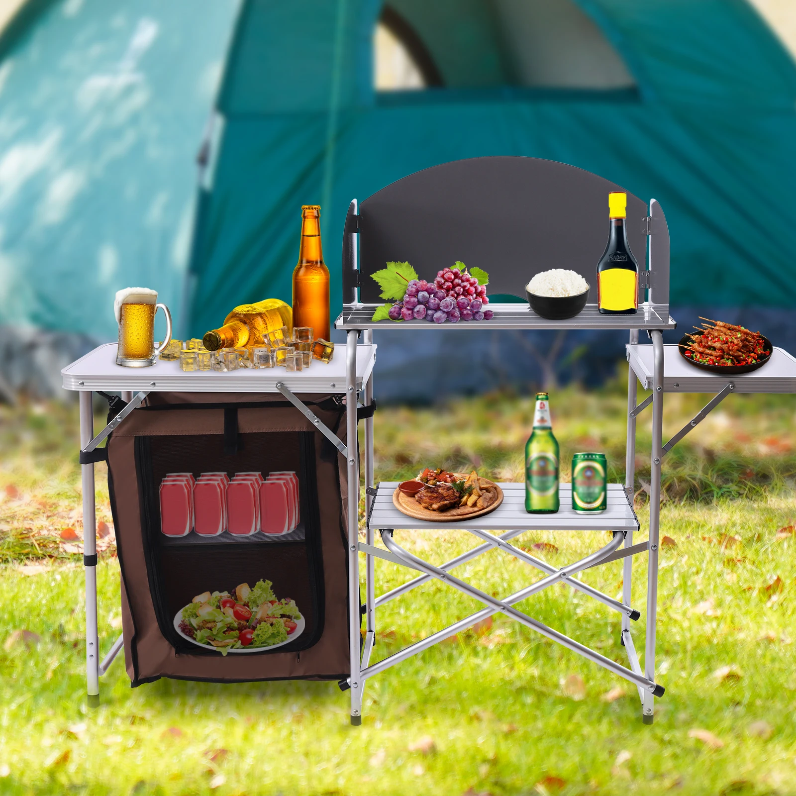

Folding Grill Table Portable Outdoor Camping Cook Kitchen Picnic Cupboard Bench Table Aluminium