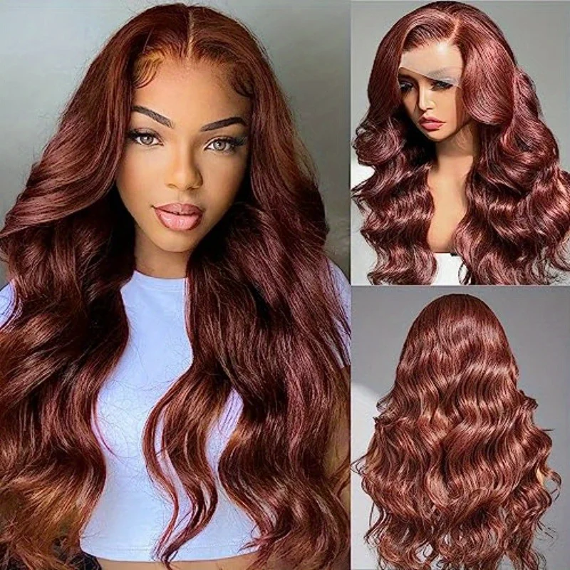 Reddish Brown  13x6  Lace Front Human Hair Dark Red Brown Brazilian 30 32 Inch 200% Body Wave Lace Frontal Wigs For Women