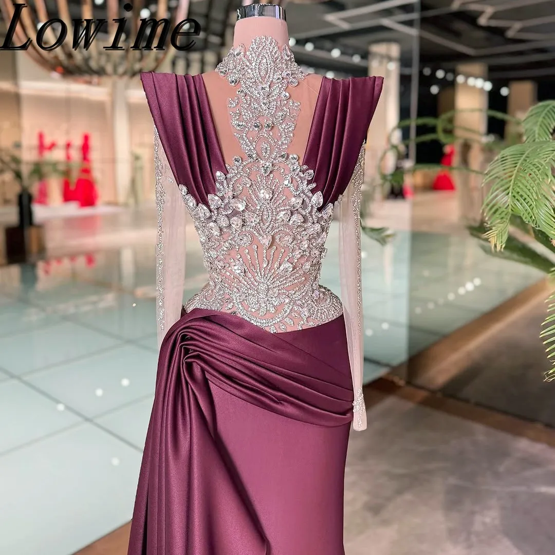 

Luxurious Burgundy Satin Wedding Party Dress Custom Dress Crystal High Neck Mermaid Women'S Formal Prom Gowns