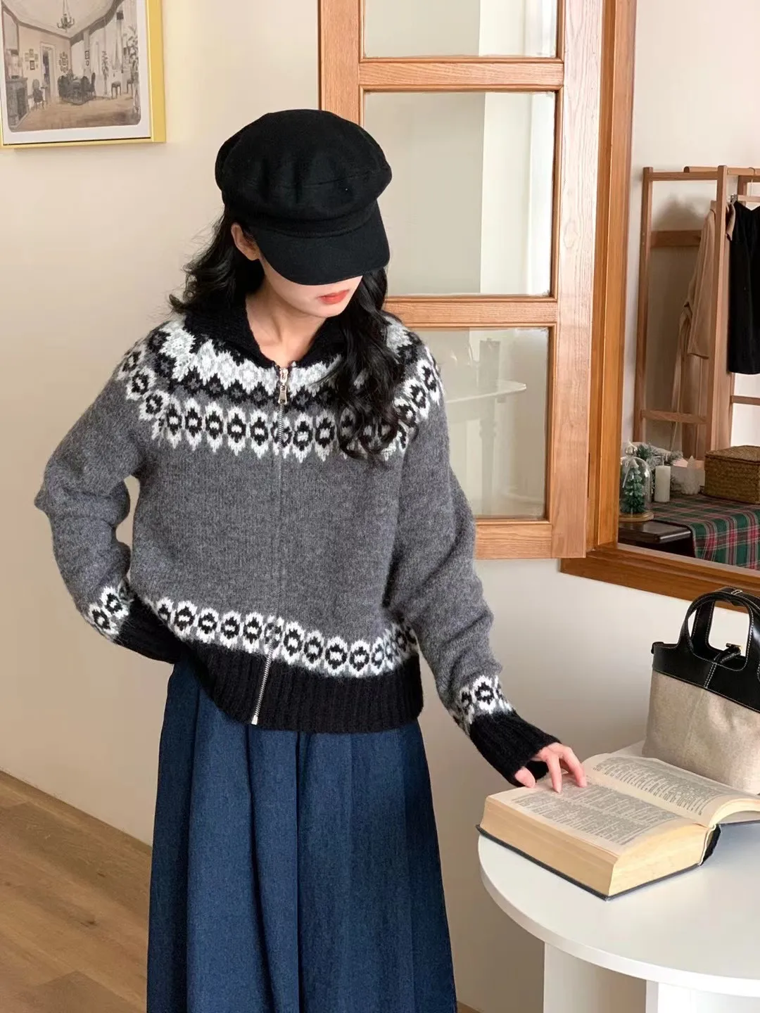 Mulheres impressão camisola de malha com zíper cardigan turn down collar manga cheia jumpers suéteres casual splice streetwear grosso