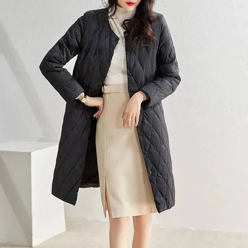 Winter New Korean Fashion Cotton Coat Round Neck Long Sleeve Inner Lining Medium Length Lightweight and Slim Cotton Dress Women