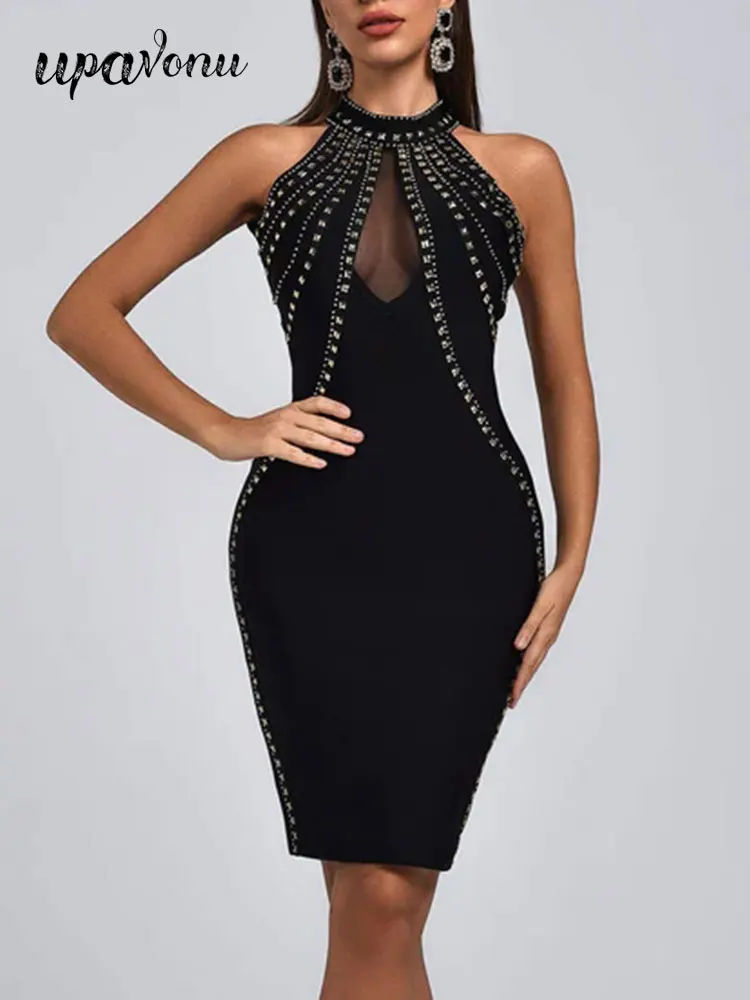 

Women's Wear Heavy Industry Nail Bead Design Bandage Dress O-Neck Sleeveless Bodycon Backless Mini Dress Evening Party Vestidos