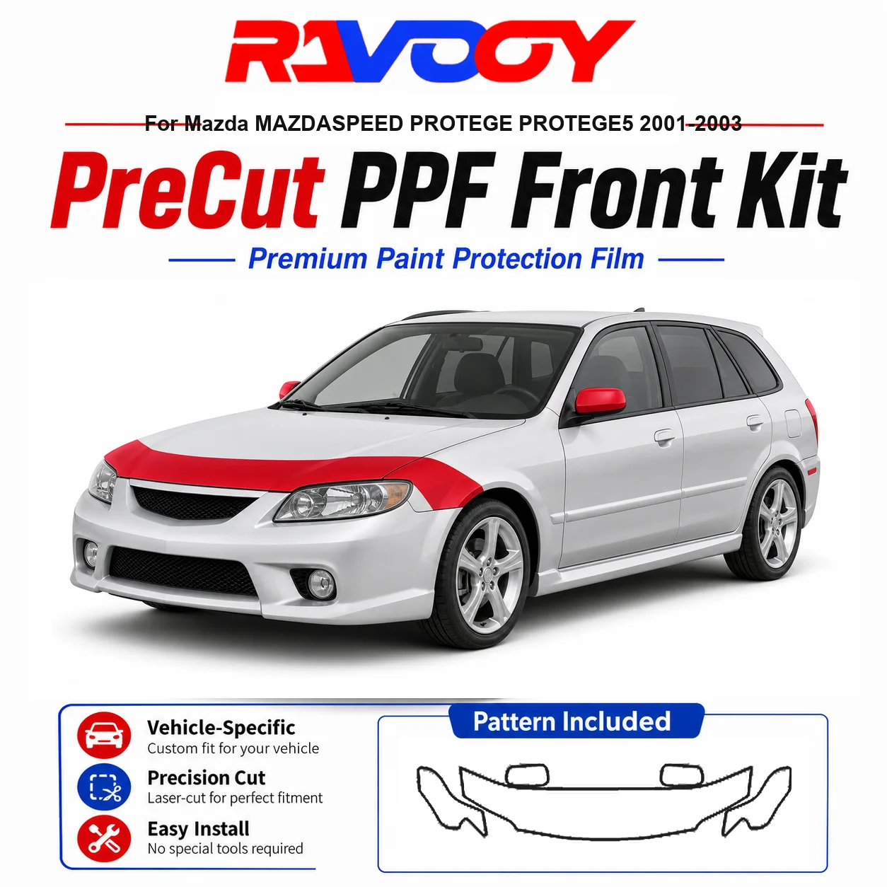 

8.5mil TPU Precut PPF Kit For Mazda MAZDASPEED PROTEGE PROTEGE5 2001-2003 - Hood, Fenders & Mirrors - Self-Healing Clear Bra