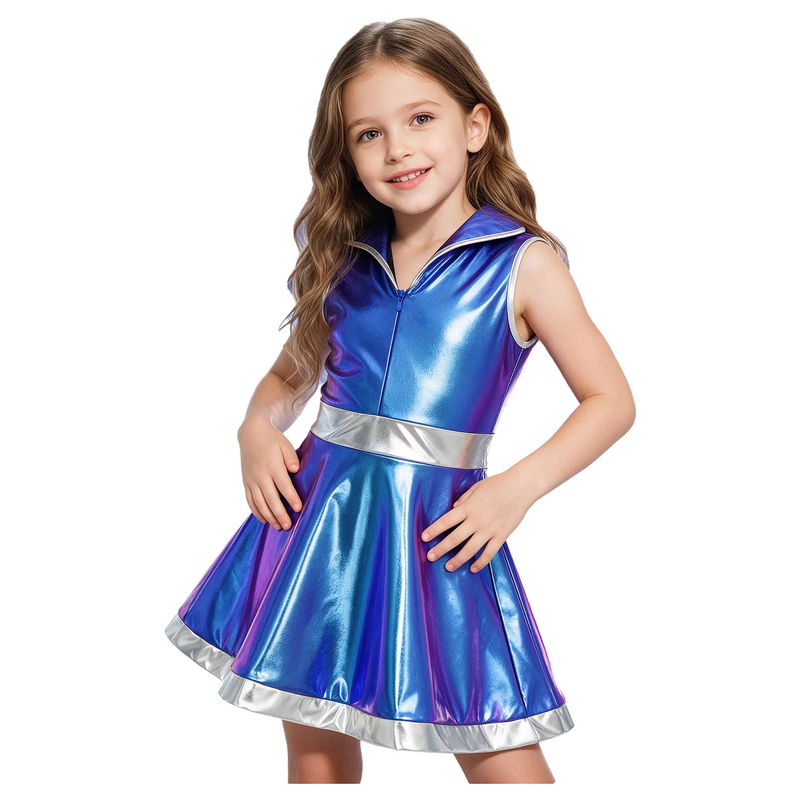 Kids Girls Metallic Shiny Disco Jazz Dance Dress Halloween Theme Party Alien Alien Robot Space Cadet Galaxy Warrior Costume