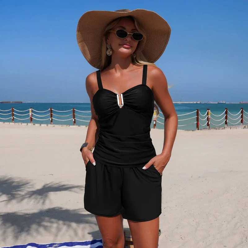 

Women's Two-Piece Swimsuit 2026 New Style with Pocket Wide Leg Pants Tankini Quick Dry High Elasticity Solid Color Swimwear