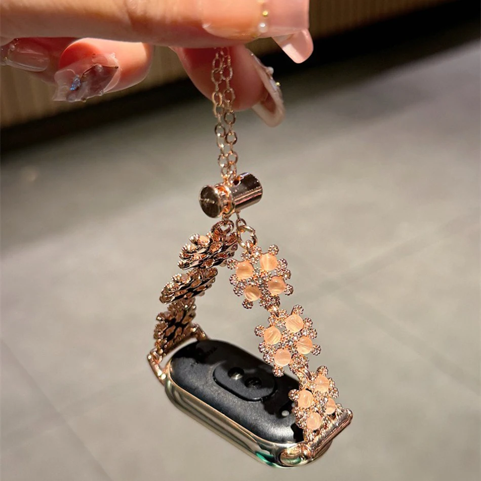 حزام ل Xiaomi Mi Band 9 8 7 Pro Miband 5/6/3/4 فاخر INS بريق حجر الراين الماس الأوبال سلسلة معدنية سوار حزام (استيك) ساعة