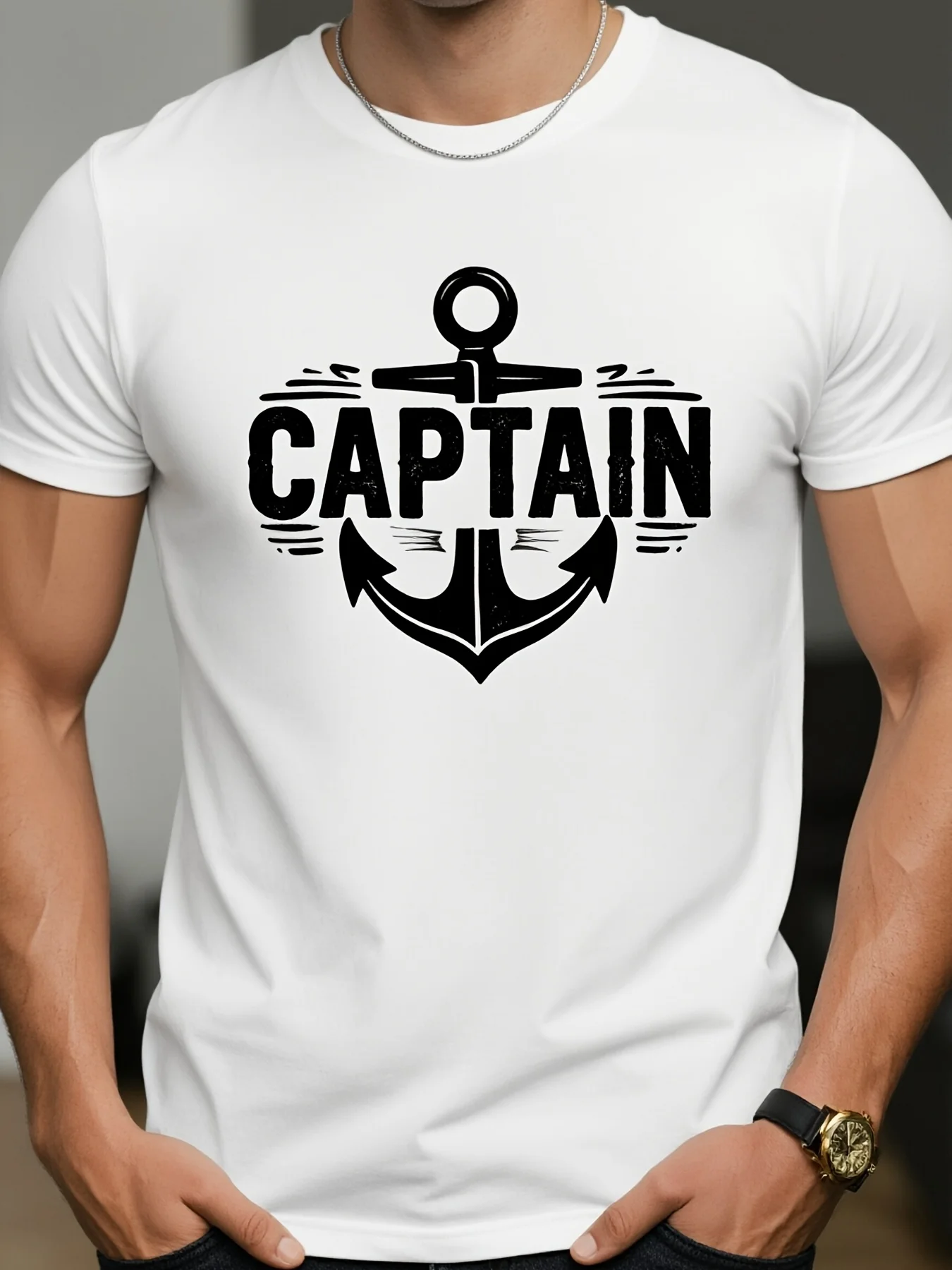 Pure geometric anchor and captain pattern printed round-neck short-sleeve men's T-shirt, cool and breathable, suitable for summer Father's Day wear, can be used for fitness
