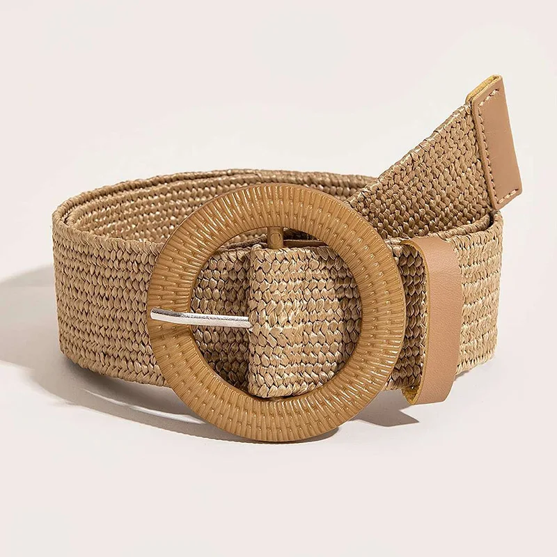New Imitation Grass Woven Women's Elastic Waist Belt with Stylish Large Plastic Buckle, Versatile Matching