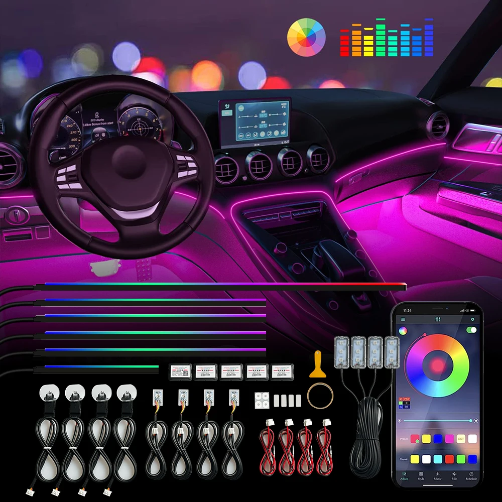 Magic Symphony Streamer Interior LED Car Ambient Lights  Acrylic Strips Decoration Atmosphere Lamp APP Remote Control Foot Light