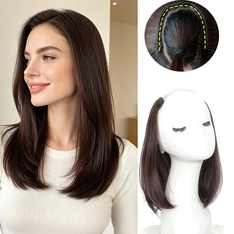 20/30cm Synthetic Short Straight Internal Buckle V-shaped Half Head Hair Extension Invisible Hairpiece for Women