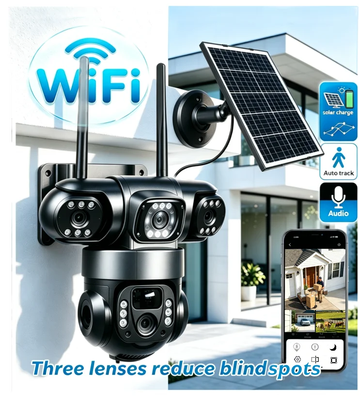 Triple-Lens WiFi Solar-Powered Outdoor Camera with Human Motion Detection, Colour Night Vision, Three-Screen Monitoring