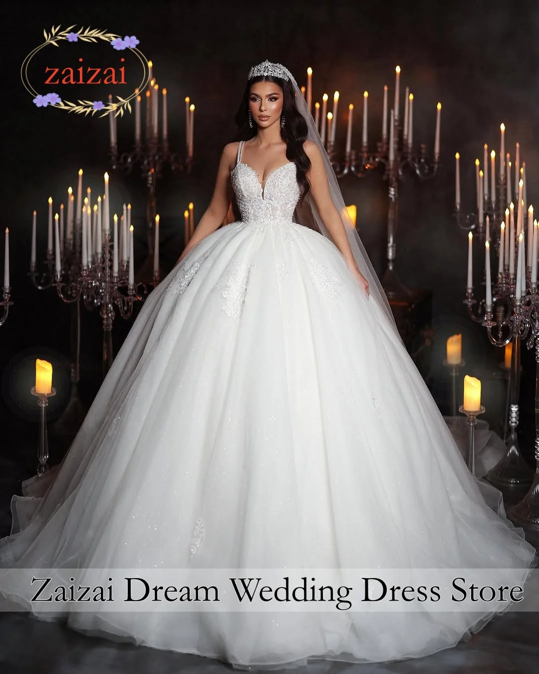 Customzied Luxury Spaghetti Straps Sweetheart Ball Wedding Dress Beading Pearls Appliques Lace Bridal Gowns Vestidos De Noiva
