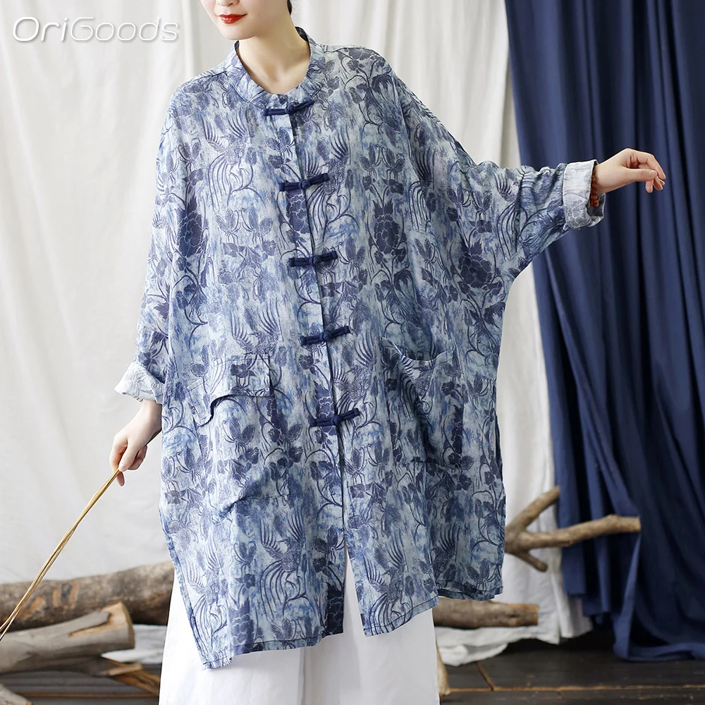 OriGoods Oversized Long Shirt Women 2024 New Summer Tops Thin Ramie Fabric Vintage National Style Print Long Sleeve Blouse X036