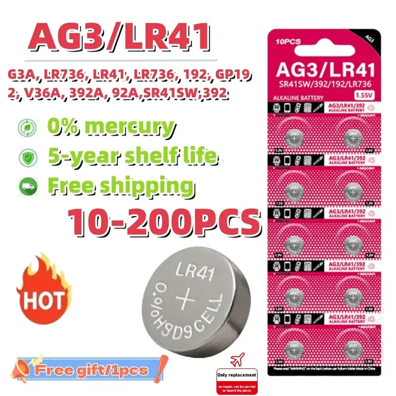 Baterias Alcalinas LR41 de Alta Capacidade, Baterias de Células Tipo Moeda para Dispositivos Médicos, AG3, L736, 392, 384, 192 Premium 1.5V, 5-200Pcs