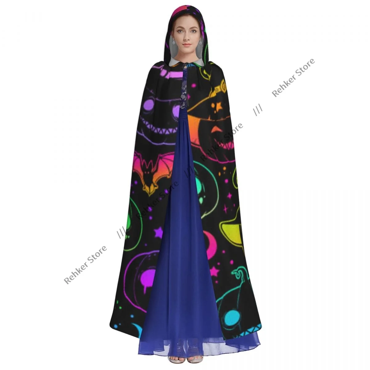 Colorful Pumpkins Bats Cloak Hooded Cosplay Costume Halloween Adult Long Party Cape