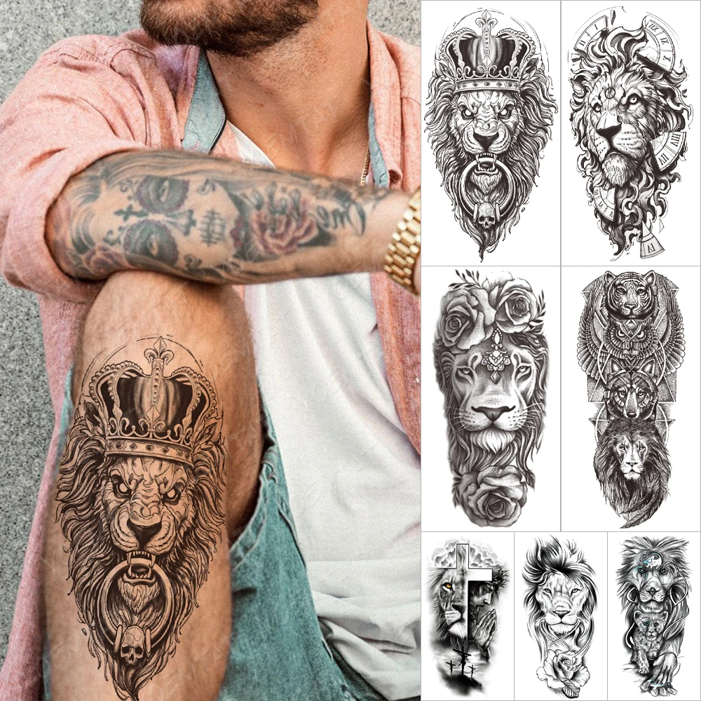 

Waterproof Temporary Tattoo Stickers Skull Lion Crown Tatto Tiger Wolf Cross Animal Women Men Arm Body Art Fake Sleeve Tattoos