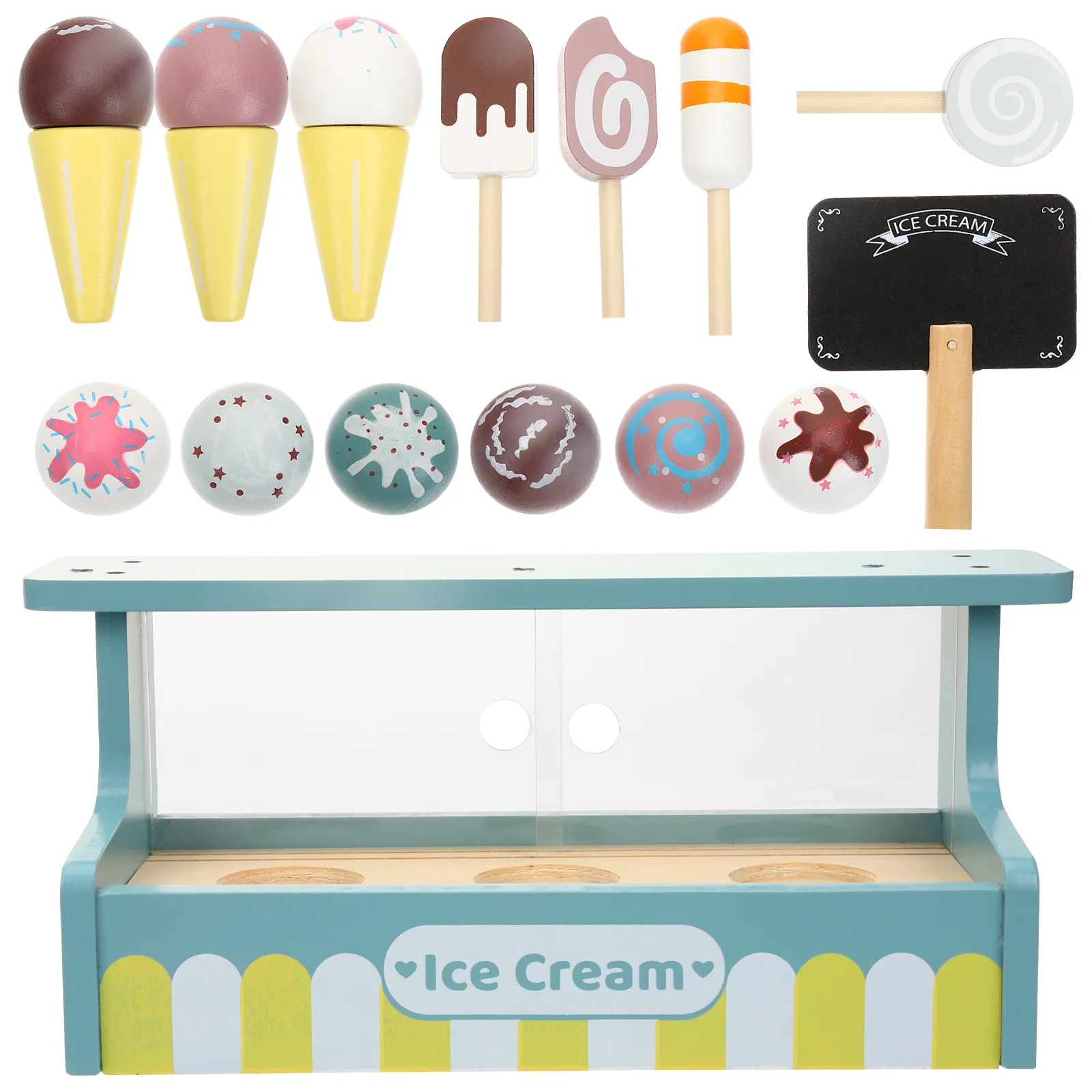 Play Kitchen Accessories Wooden Ice Cream Girl Toys for 4 Year Old Girls Set Boys Cart Shop