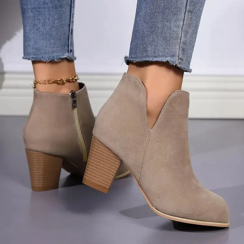 

2025Women's Boots Fashion Chunky High Heels Boots Side Zipper Women Ankle Boot Suede Casual Ankle Boots for Women Сапоги Женские