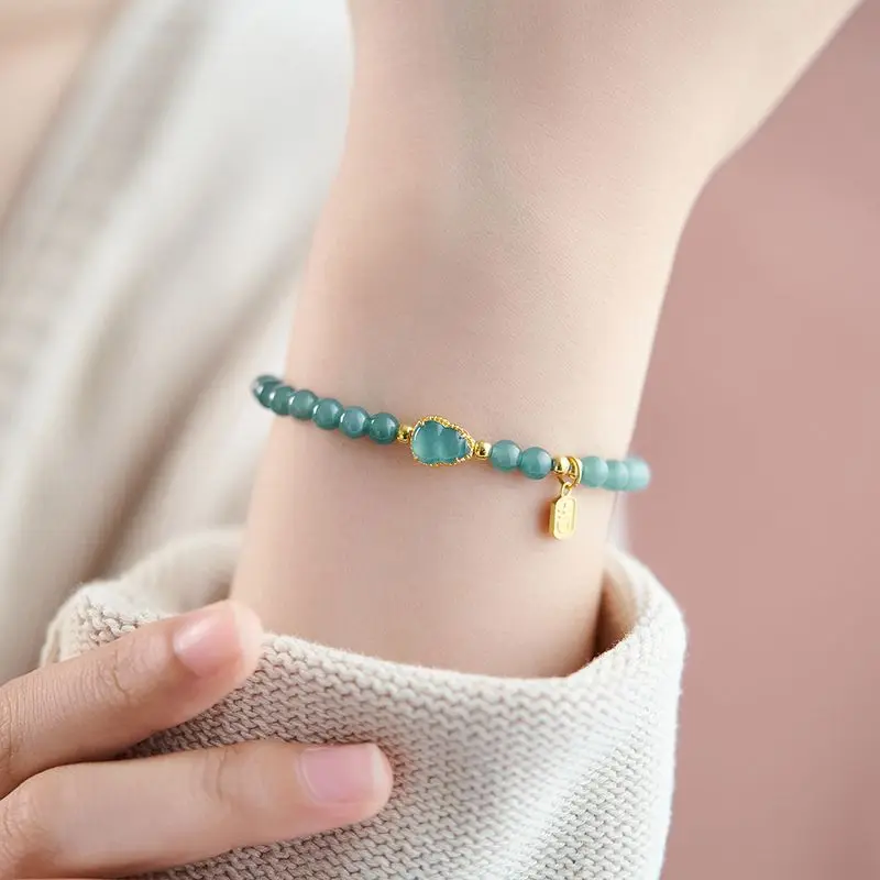 Women's Natural Icy Blue Water Jade Bracelet Chinese Style Gourd Round Beads Wrist Jewelry 2026 Qixi Festival Gift For Girlfrien