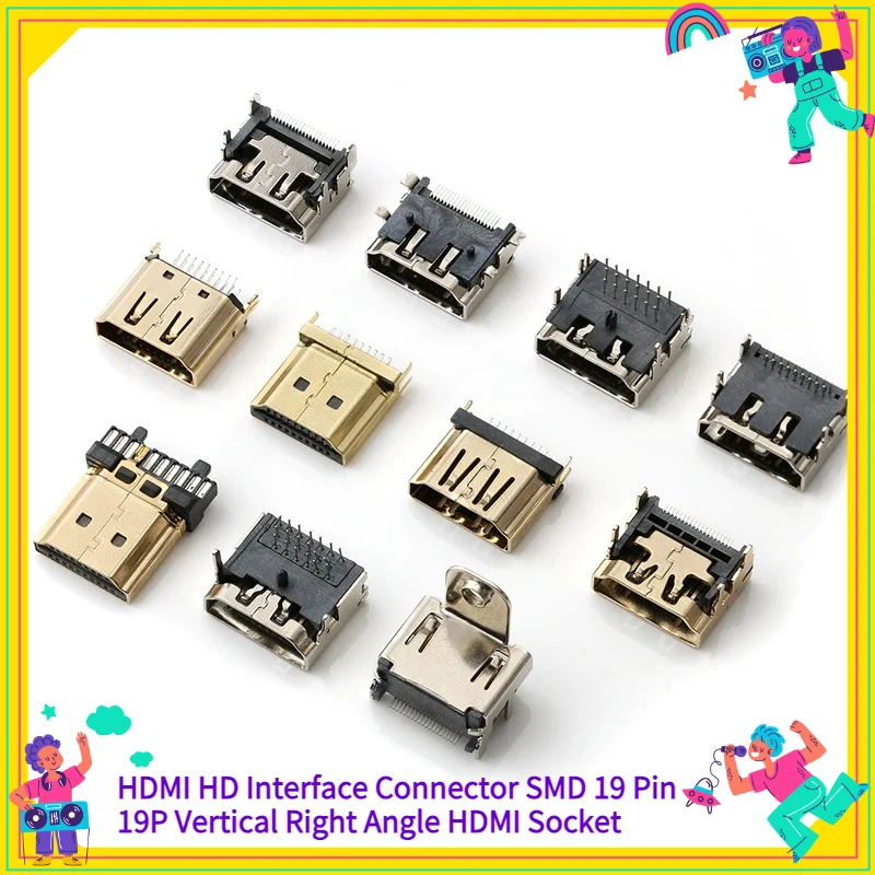 

5PCS HDMI Interface Connector SMD 19 Pin Vertical Right Angle Surface Mound PCB Receptacle 19P Socket for Electronic Components