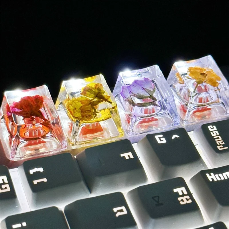 

Red Rose Resin Keycap 4Pcs Mechanical Keyboard Pc Gamer 1U 1X OEM R4 ESC WASD Arrow Key Caps Personality Flower Transparent