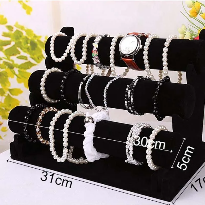 

High Quality 3 Tier T Bar Bracelet Display Stand Black Velvet Bangle Bracelet Necklace Jewelry Display