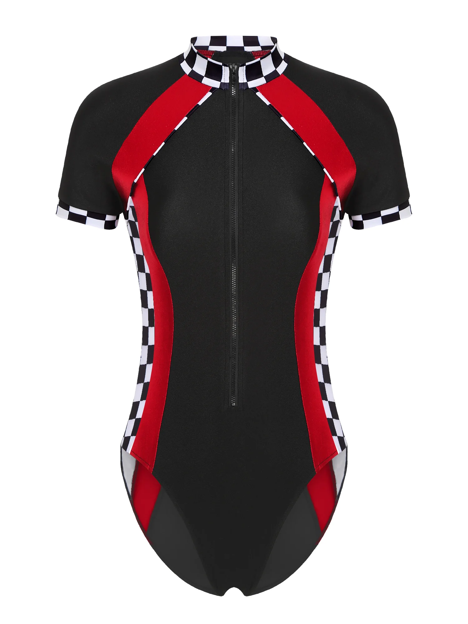 

Женский цветной клетчатый воротник-стойка с коротким рукавом и молнией спереди, облегающий блестящий комбинезон, костюм гонщика для тематической вечеринки