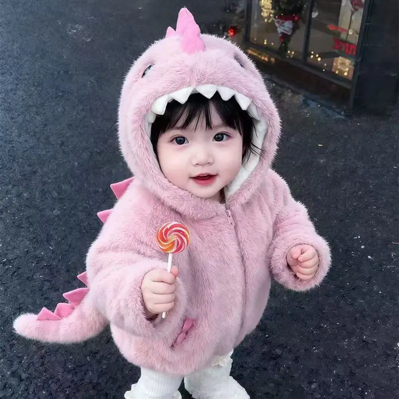 Winter Thicken Cartoon Parent-Child Matching Outfits Boy Cute Little Dinosaur Coat Girl Sweet Tops Hooded Cotton-Padded Jacket